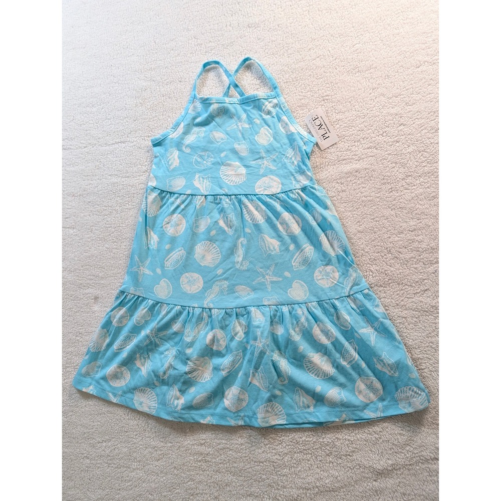 The Childrens Place Girls Blue Seashell Starfish Tiered Halter Dress Size S 7/8 - Picture 1 of 8